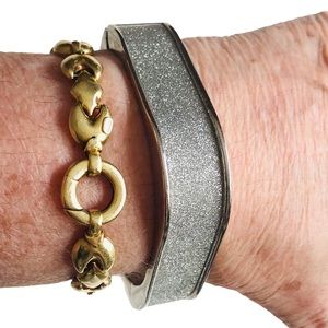 Silver Tone Stainless Steel Hinged Square Stardust Textured Bangle Bracelet